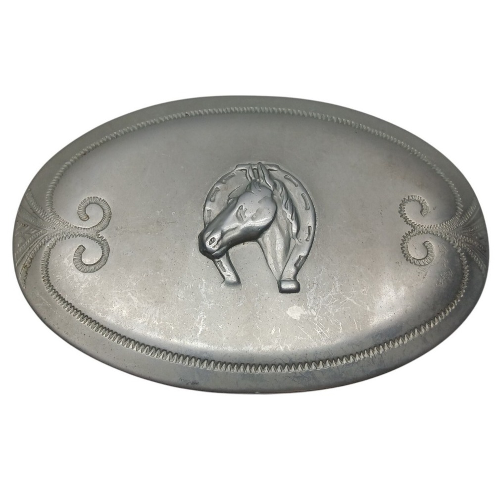 Vintage Satin Silver Tone - Horse with Horseshoe 2.5" x 3.5" Belt‎ Buckle